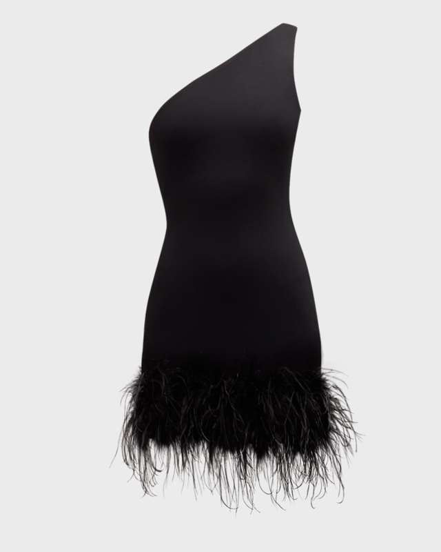Tafia One-Shoulder Feather-Hem Mini Dress
